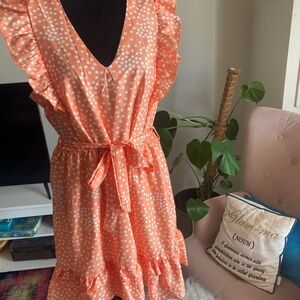 Orange-coral Polka Dot Ruffle Dress